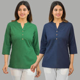 Combo of 2 Navy Blue and Green Cotton Flax Women Top