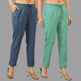 Combo of 2 Navy Blue and Green Cotton Flax Women Trouser Pants-11433
