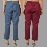 Combo of 2 Navy Blue and Maroon Cotton Flax Women Trouser Pants-11435