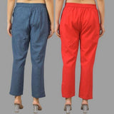 Combo of 2 Navy Blue and Red Cotton Flax Women Trouser Pants-11440