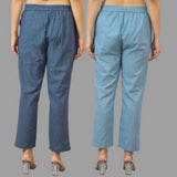 Combo of 2 Navy Blue and Sky Blue Cotton Flax Women Trouser Pants-11441