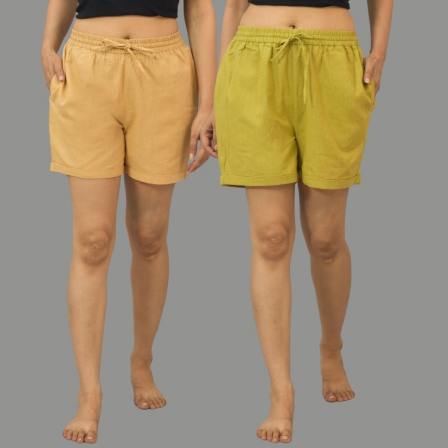 Combo of 2 Olive Green and Beige Cotton Women Shorts