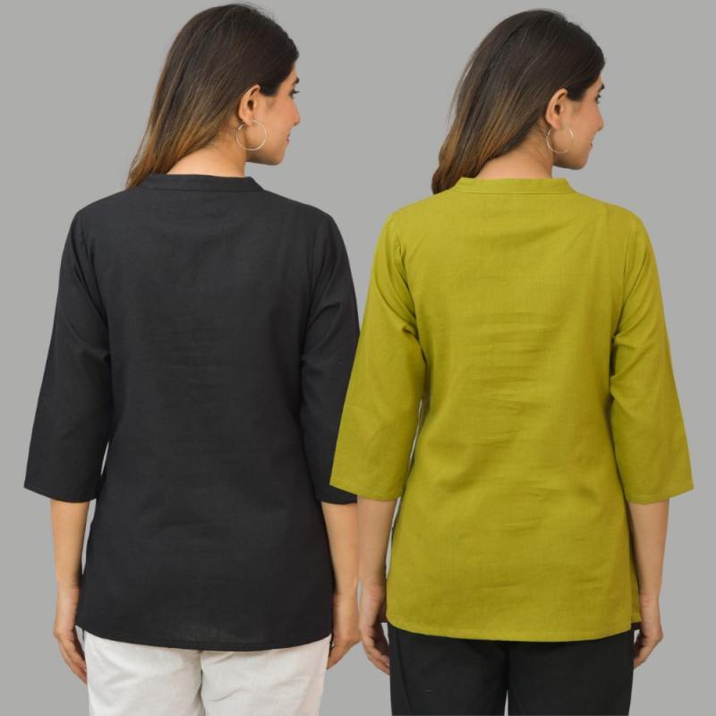 Combo of 2 Olive Green and Black Cotton Flax Women Top