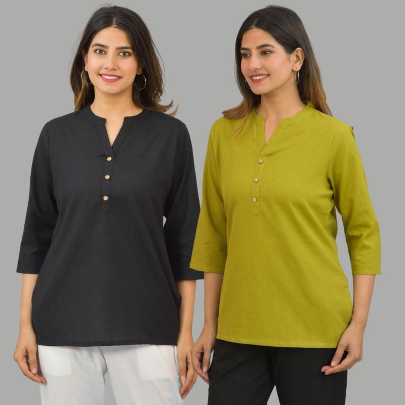 Combo of 2 Olive Green and Black Cotton Flax Women Top