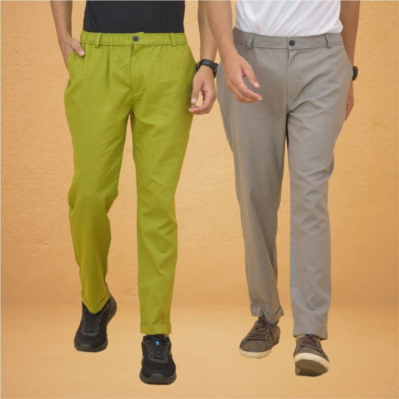 Combo of 2 Olive Green and Gray Cotton Regular Trousers
