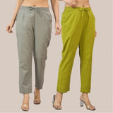 Combo of 2 Olive Green and Gray Cotton Flax Women Trouser Pant-10363