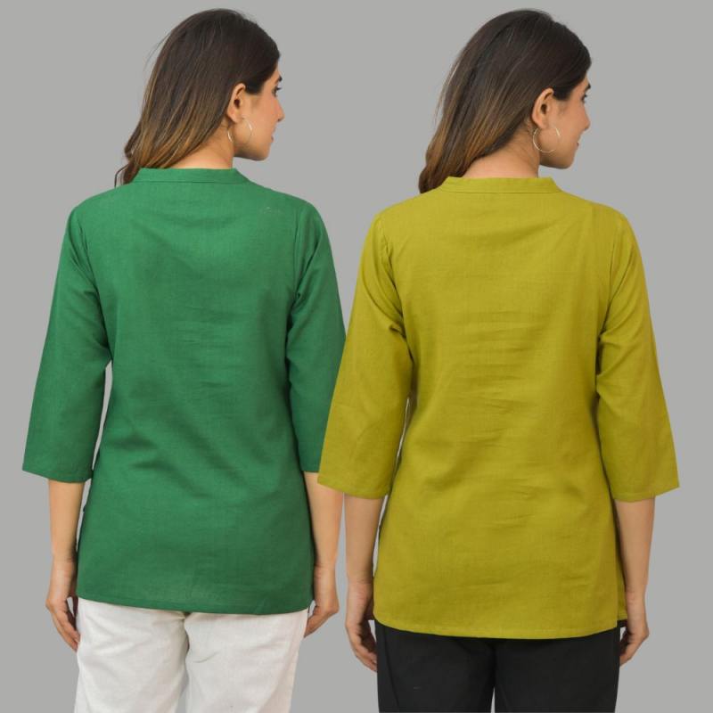 Combo of 2 Olive Green and Green Cotton Flax Women Top