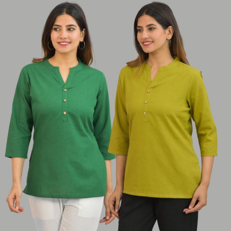 Combo of 2 Olive Green and Green Cotton Flax Women Top