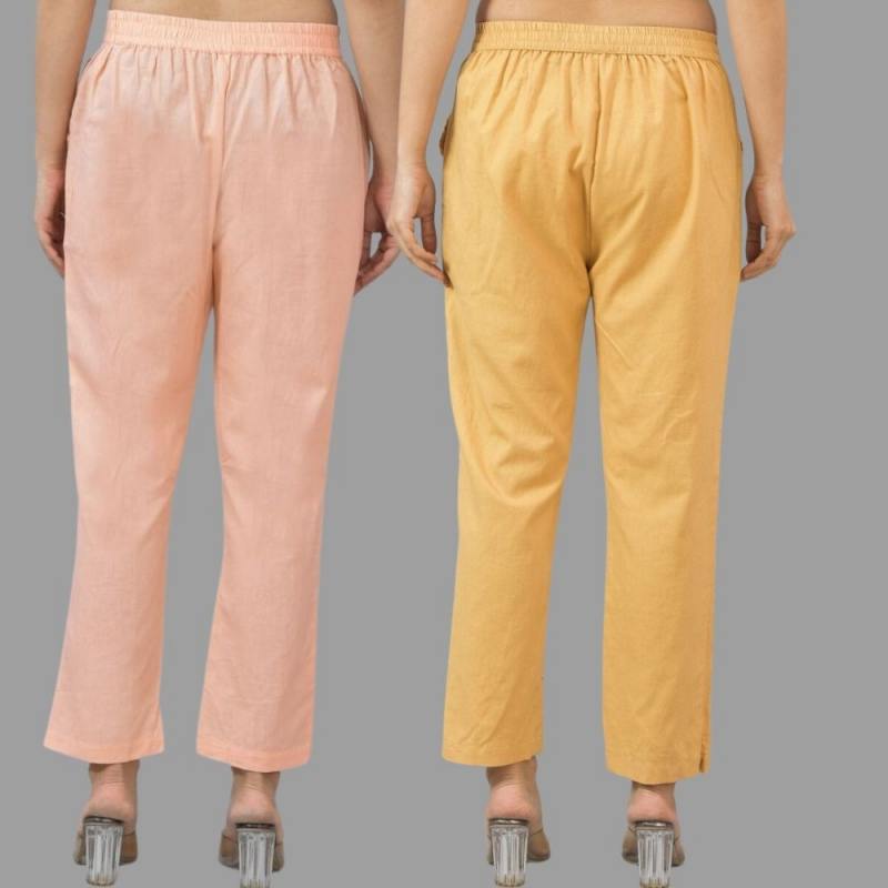 Combo of 2 Peach and Beige Cotton Flax Women Trouser Pants-11360