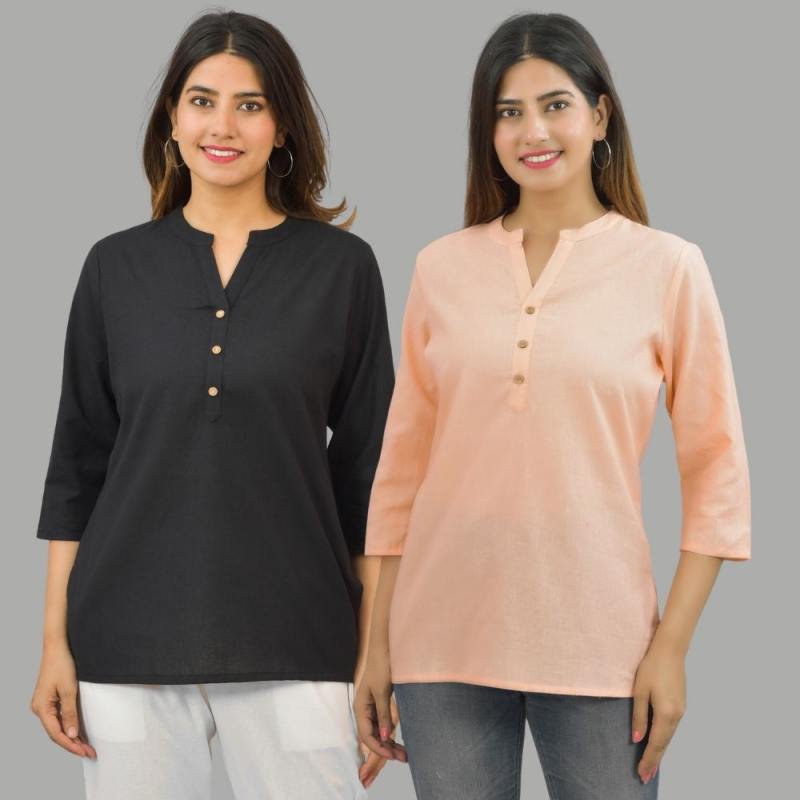 Combo of 2 Peach and Black Cotton Flax Women Top