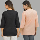 Combo of 2 Peach and Black Cotton Flax Women Top