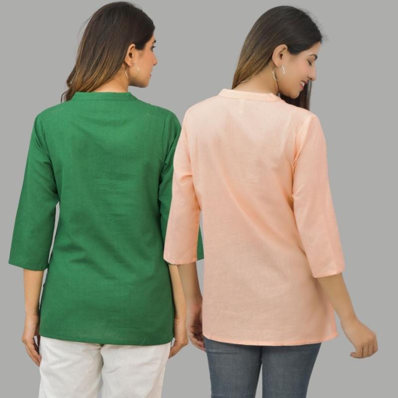 Combo of 2 Peach and Bottle Green Cotton Flax Women Top