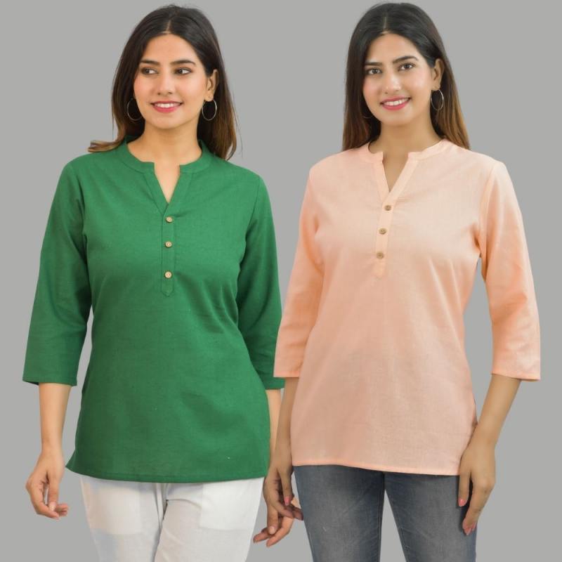 Combo of 2 Peach and Bottle Green Cotton Flax Women Top