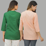 Combo of 2 Peach and Bottle Green Cotton Flax Women Top