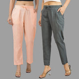 Combo of 2 Peach and Dark Gray Cotton Flax Women Trouser Pants-11357