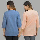 Combo of 2 Peach and Denim Blue Cotton Flax Women Top