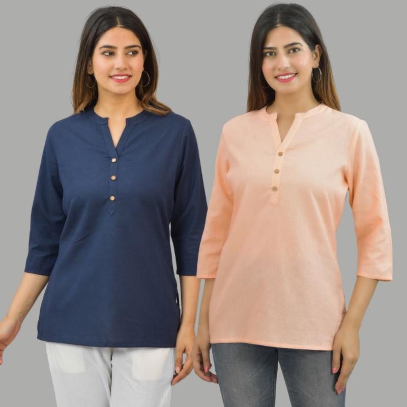 Combo of 2 Peach and Navy Blue Cotton Flax Women Top