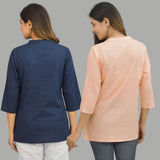 Combo of 2 Peach and Navy Blue Cotton Flax Women Top