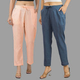 Combo of 2 Peach and Navy Blue Cotton Flax Women Trouser Pants-11358