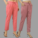 Combo of 2 Peach and Pink Cotton Flax Women Trouser Pants-11406