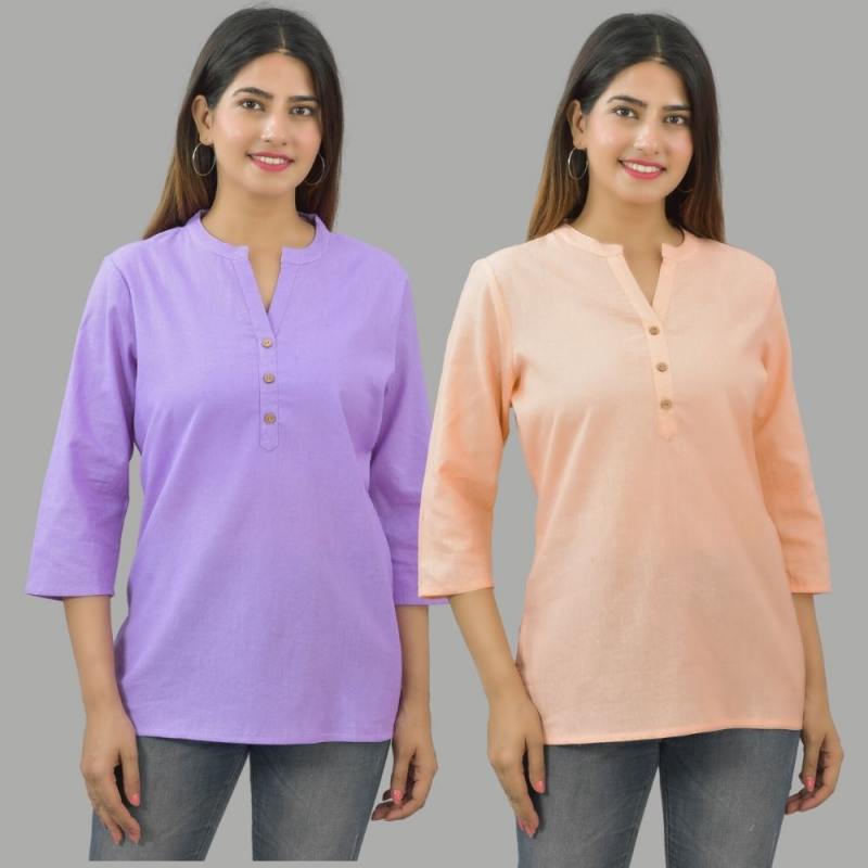 Combo of 2 Peach and Purple Cotton Flax Women Top