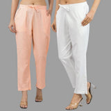 Combo of 2 Peach and White Cotton Flax Women Trouser Pants-11373