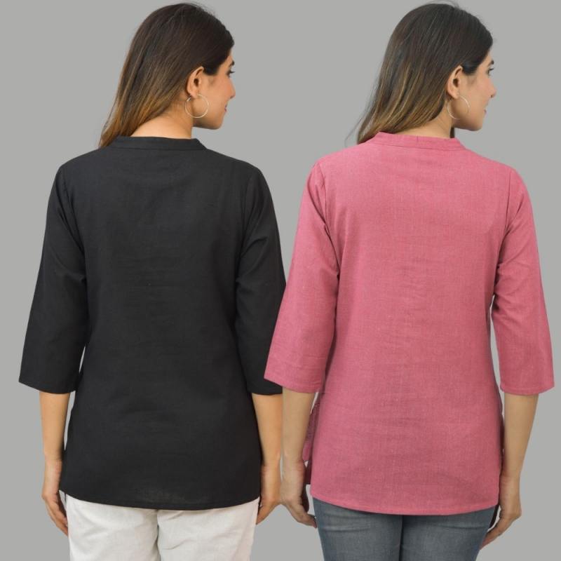 Combo of 2 Pink and Black Cotton Flax Women Top