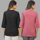 Combo of 2 Pink and Black Cotton Flax Women Top