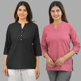 Combo of 2 Pink and Black Cotton Flax Women Top