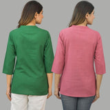 Combo of 2 Pink and Bottle Green Cotton Flax Women Top