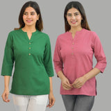 Combo of 2 Pink and Bottle Green Cotton Flax Women Top