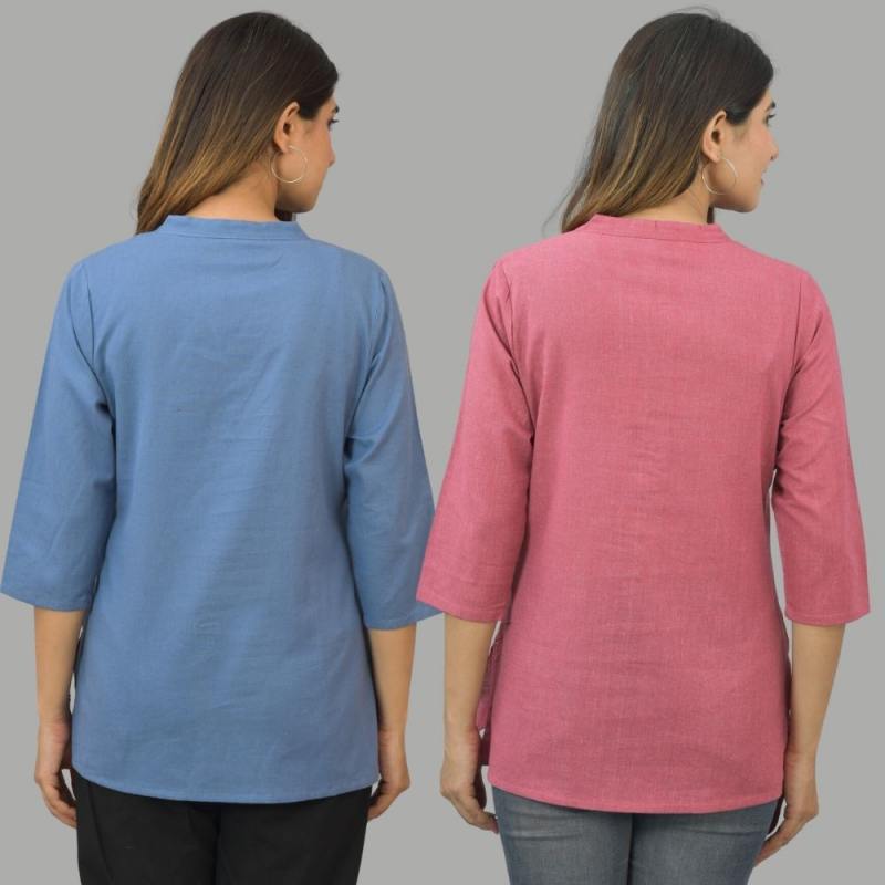 Combo of 2 Pink and Denim Blue Cotton Flax Women Top