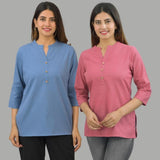 Combo of 2 Pink and Denim Blue Cotton Flax Women Top