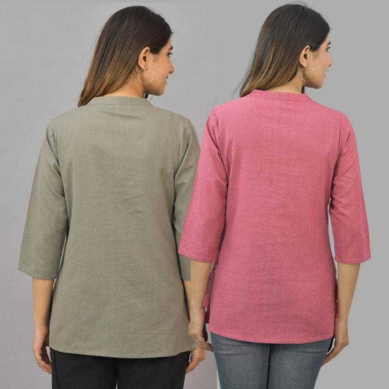 Combo of 2 Pink and Gray Cotton Flax Women Top-10630