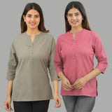 Combo of 2 Pink and Gray Cotton Flax Women Top-10630