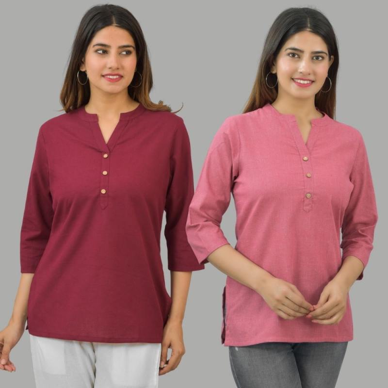 Combo of 2 Pink and Maroon Cotton Flax Women Top