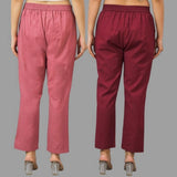 Combo of 2 Pink and Maroon Cotton Flax Women Trouser Pants-11384