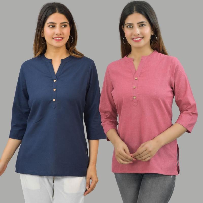 Combo of 2 Pink and Navy Blue Cotton Flax Women Top