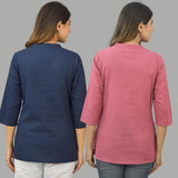 Combo of 2 Pink and Navy Blue Cotton Flax Women Top