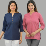 Combo of 2 Pink and Navy Blue Cotton Flax Women Top