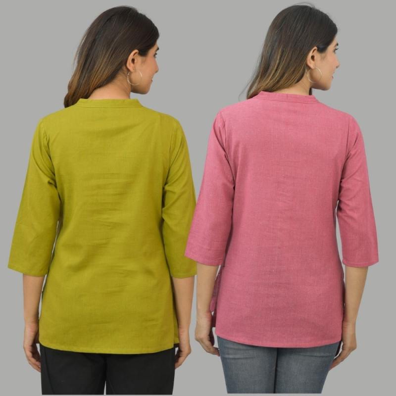 Combo of 2 Pink and Olive Green Cotton Flax Women Top