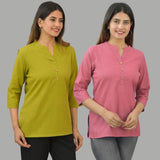 Combo of 2 Pink and Olive Green Cotton Flax Women Top