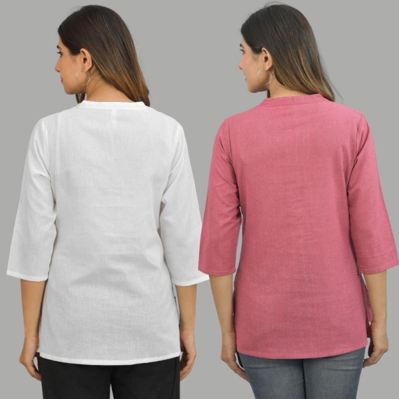 Combo of 2 Pink and White Cotton Flax Women Top