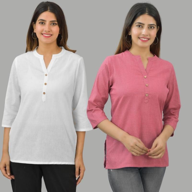 Combo of 2 Pink and White Cotton Flax Women Top