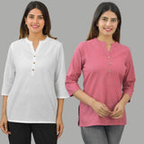 Combo of 2 Pink and White Cotton Flax Women Top