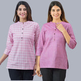 Combo of 2 Purple and Baby Pink Cotton Checks and Stripe Women Top-