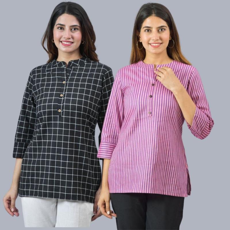 Combo of 2 Purple and Black Cotton Checks and Stripe Women Top-10451
