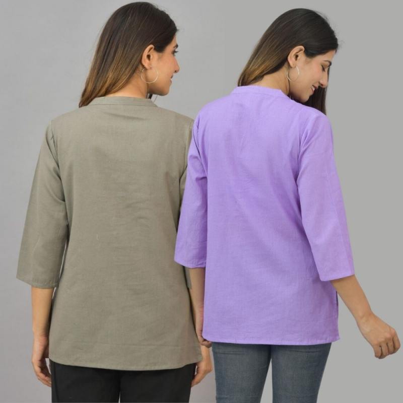 Combo of 2 Purple and Gray Cotton Flax Women Top