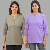 Combo of 2 Purple and Gray Cotton Flax Women Top
