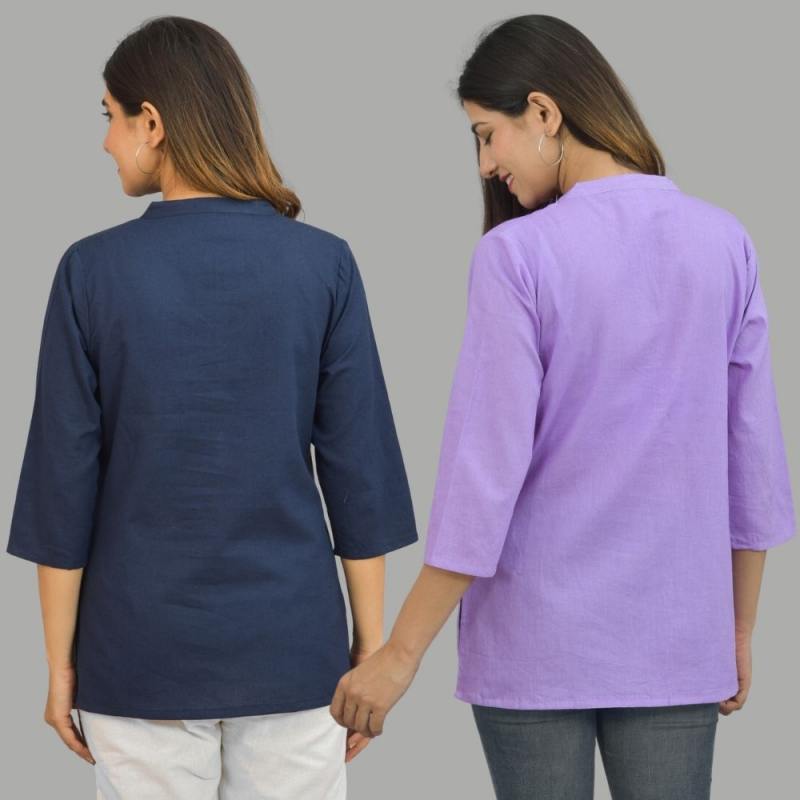 Combo of 2 Purple and Navy Blue Cotton Flax Women Top